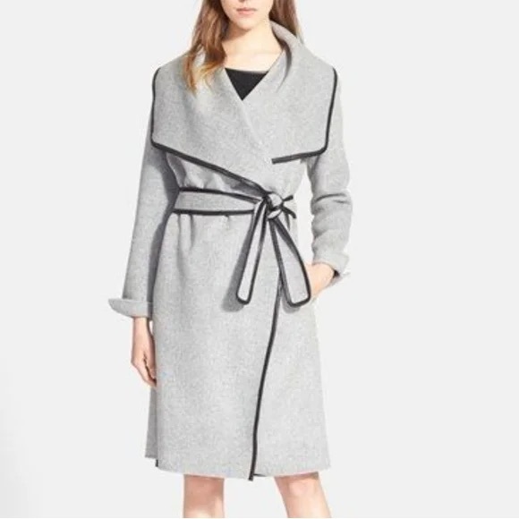 NEW Vince Drape Front Leather Trimmed Wool Coat, Size S